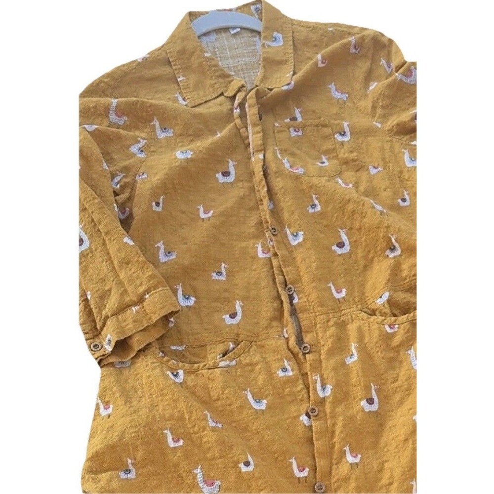 Women’s Linen Mustard Llama Print Collared Button-Up Art to wear, M, petite